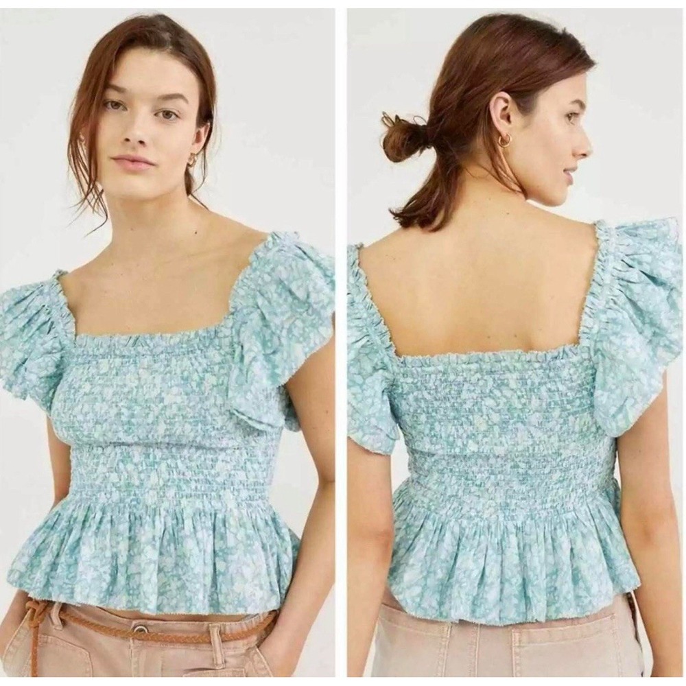 Love The Label Womens Smocked Peplum Hem Blouse Blue Size XL Short Sleeve Ruffle